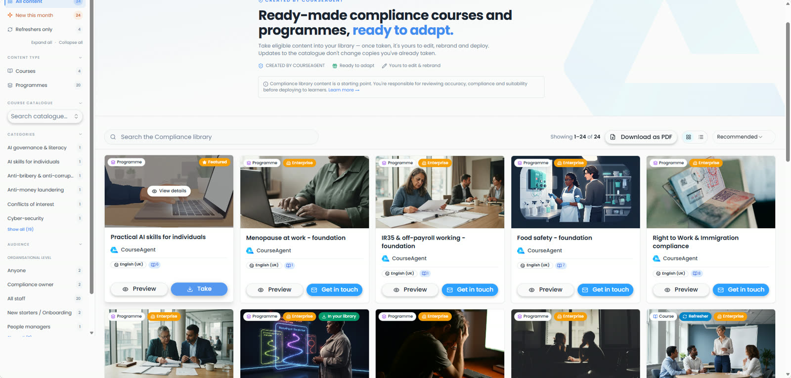 The CourseAgent Compliance library showing ready-made programmes with Preview and Take buttons