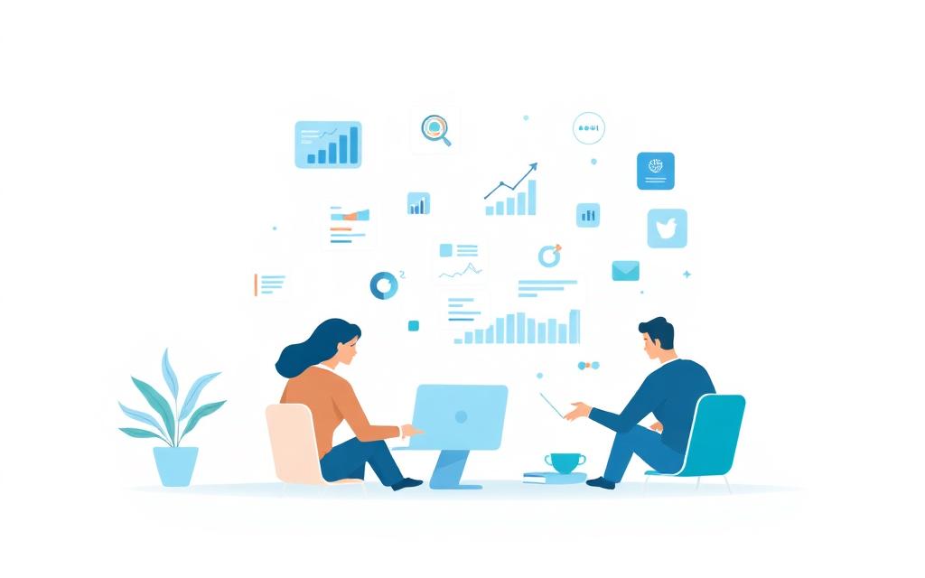 CourseAgent Clean AI image style - a calm pale-blue flat illustration of two people in discussion surrounded by light data icons