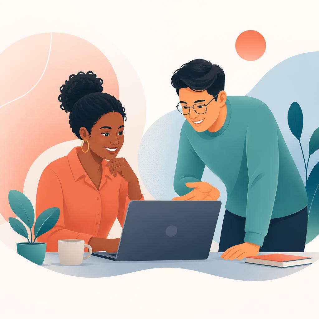 Illustrated AI image style - warm editorial vector illustration of two colleagues reviewing work together at a laptop