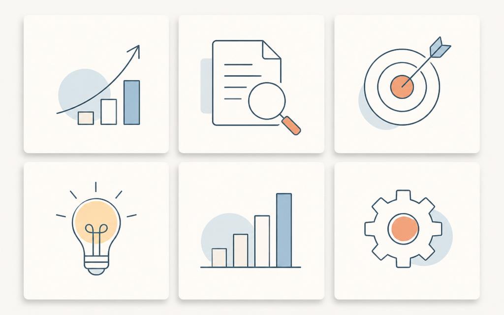 Minimalist AI image style - a grid of six clean line icons on off-white cards with a restrained blue and terracotta palette