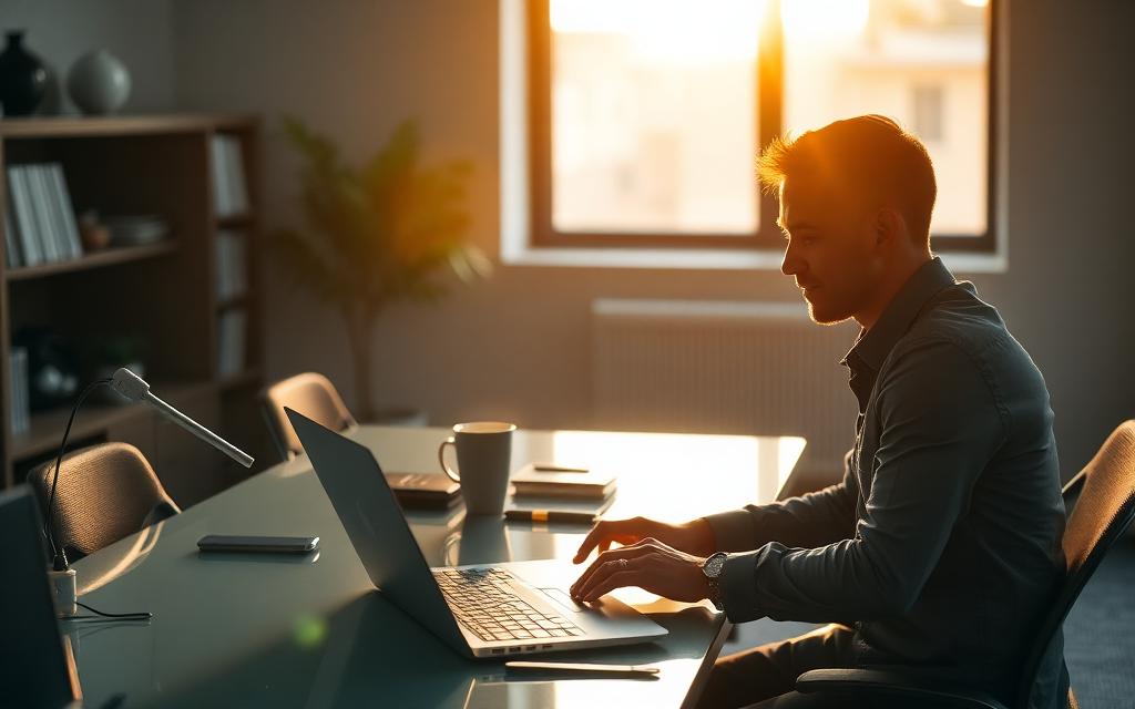 Photographic AI image style - a professional working at a laptop in warm golden-hour window light, cinematic and editorial