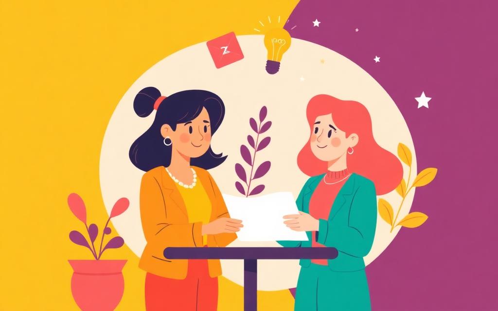 CourseAgent Vivid AI image style - a saturated yellow and magenta flat illustration of two colleagues sharing a document