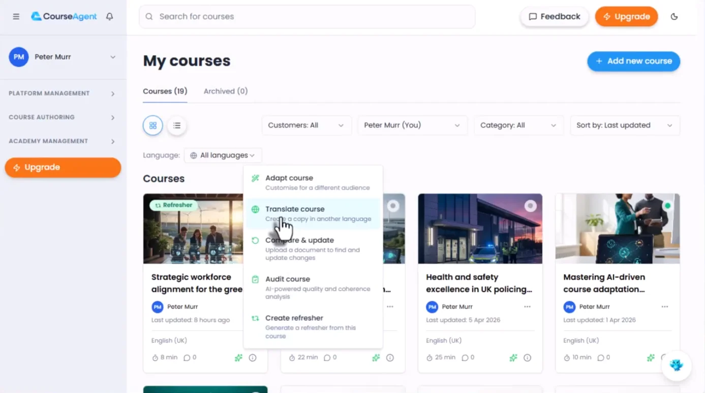 CourseAgent translate course menu