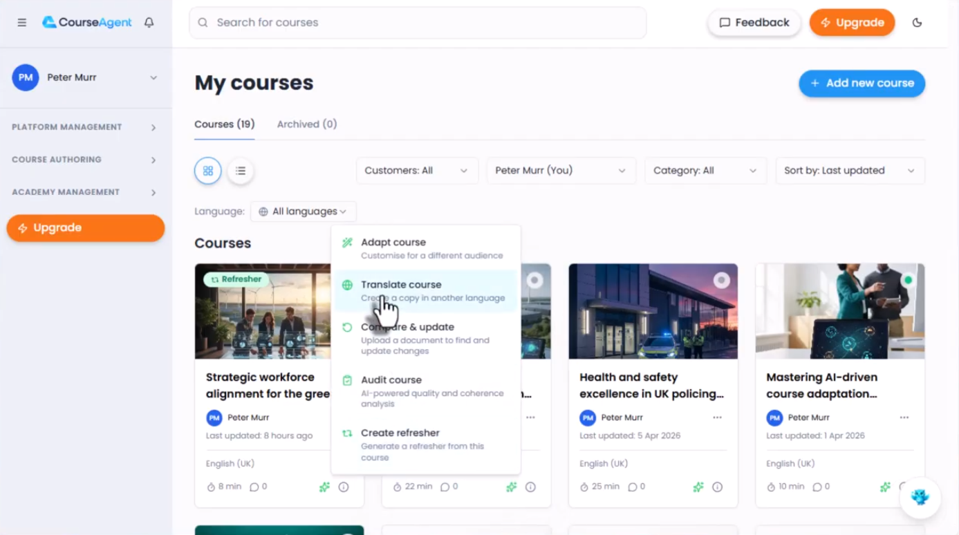 CourseAgent translate course menu